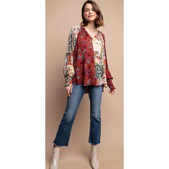 New GIGIO S M L Byzantine Garden Mixed Print V Neck Flowy Hi-Low Hem Top - Picture 4 of 7